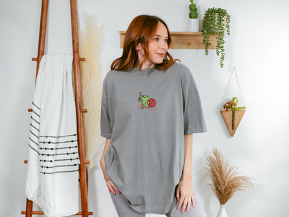 Embroidered Frog Graphic Shirt with Crochet Hook and Yarn