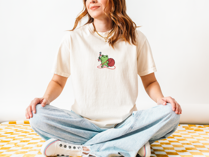 Embroidered Frog Graphic Shirt with Crochet Hook and Yarn