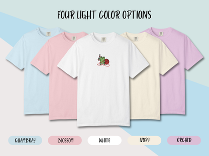Embroidered Frog Graphic Shirt with Crochet Hook and Yarn
