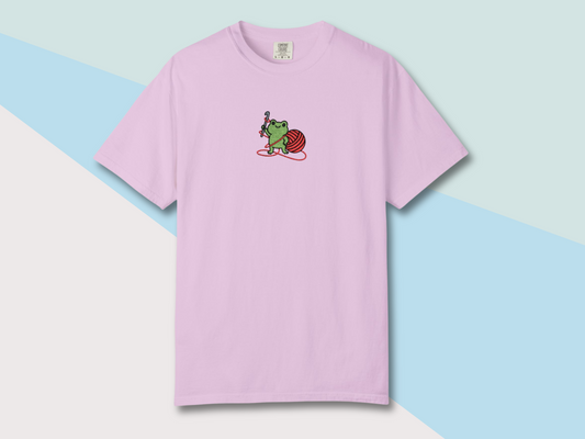 Embroidered Frog Graphic Shirt with Crochet Hook and Yarn