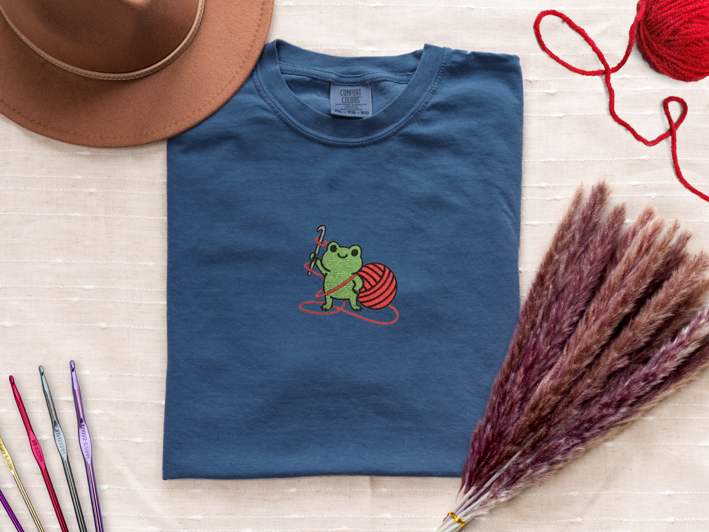Embroidered Frog Graphic Shirt with Crochet Hook and Yarn