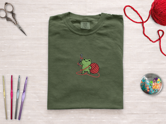 Embroidered Frog Graphic Shirt with Crochet Hook and Yarn
