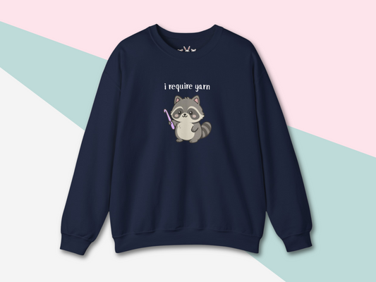 Require Yarn Sweatshirt | Cute Raccoon with Crochet Hook Funny Long Sleeve Crewneck Shirt