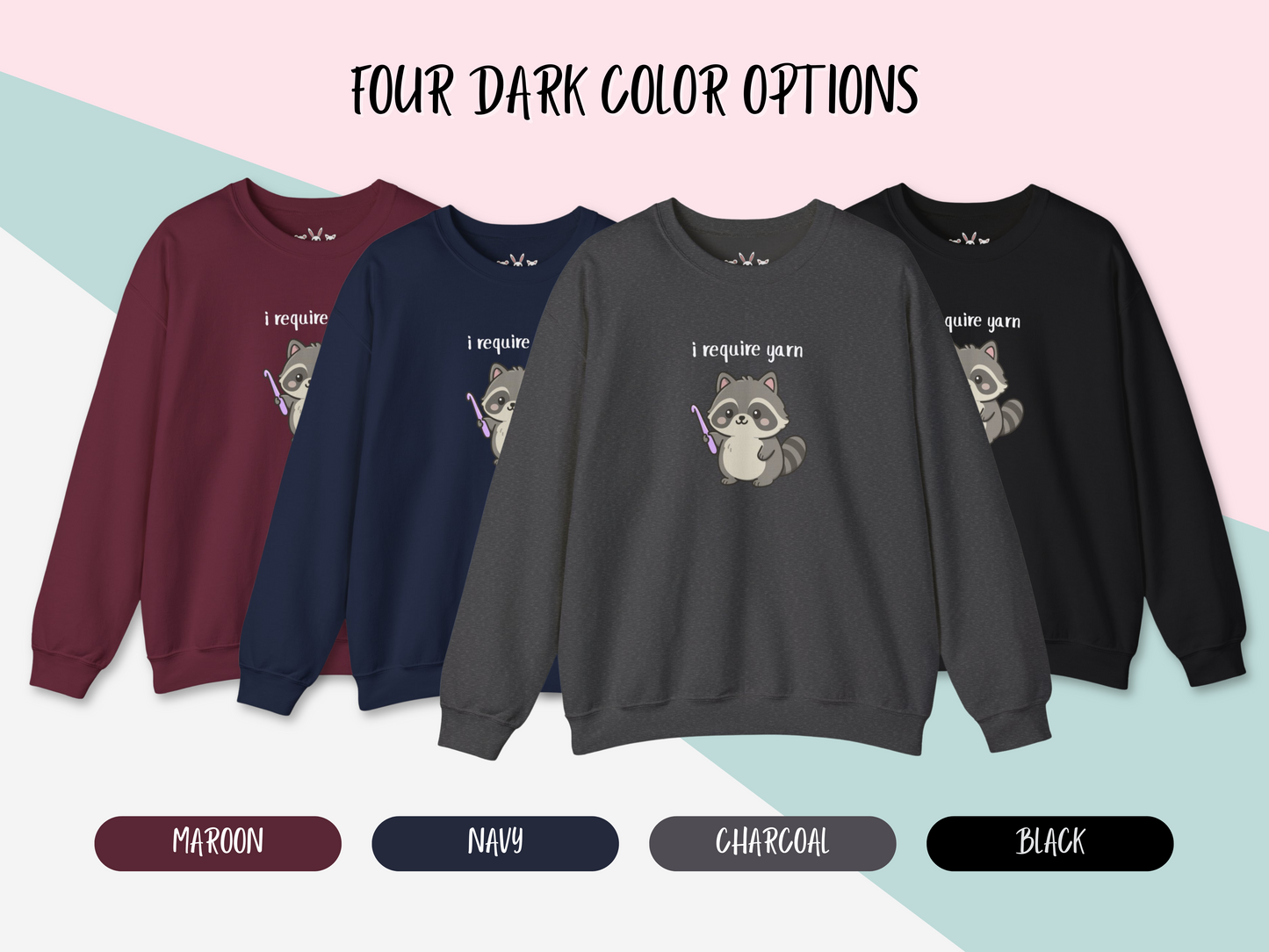 Require Yarn Sweatshirt | Cute Raccoon with Crochet Hook Funny Long Sleeve Crewneck Shirt