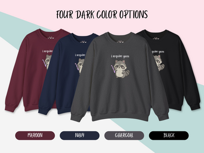 Require Yarn Sweatshirt | Cute Raccoon with Crochet Hook Funny Long Sleeve Crewneck Shirt