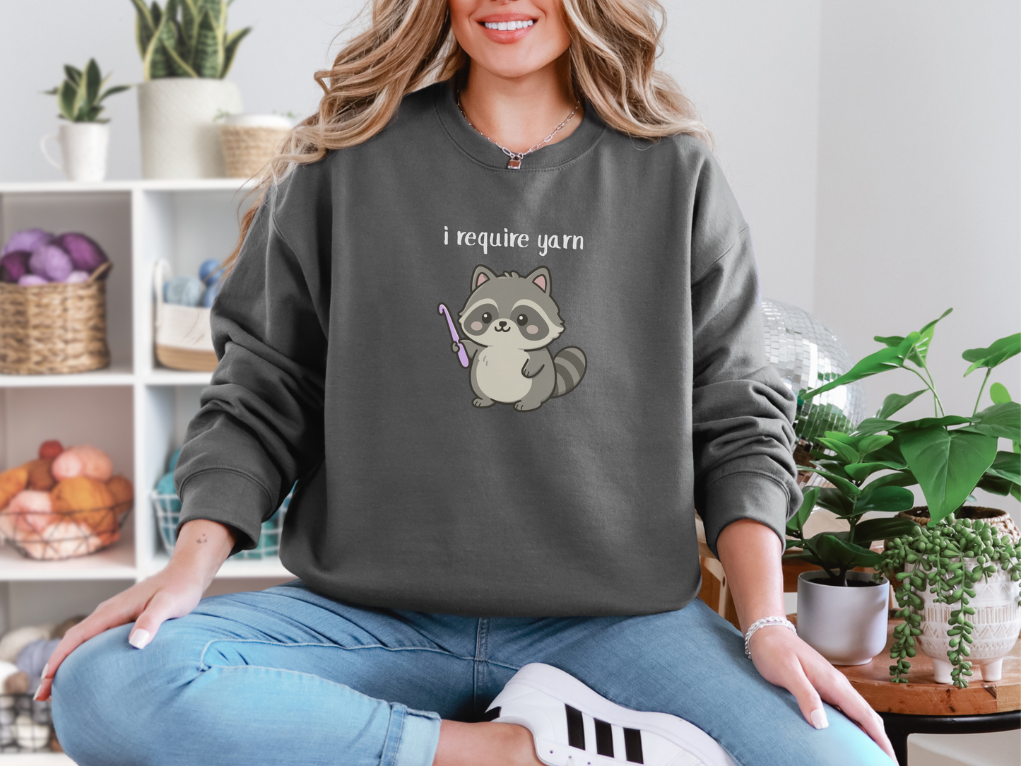Require Yarn Sweatshirt | Cute Raccoon with Crochet Hook Funny Long Sleeve Crewneck Shirt