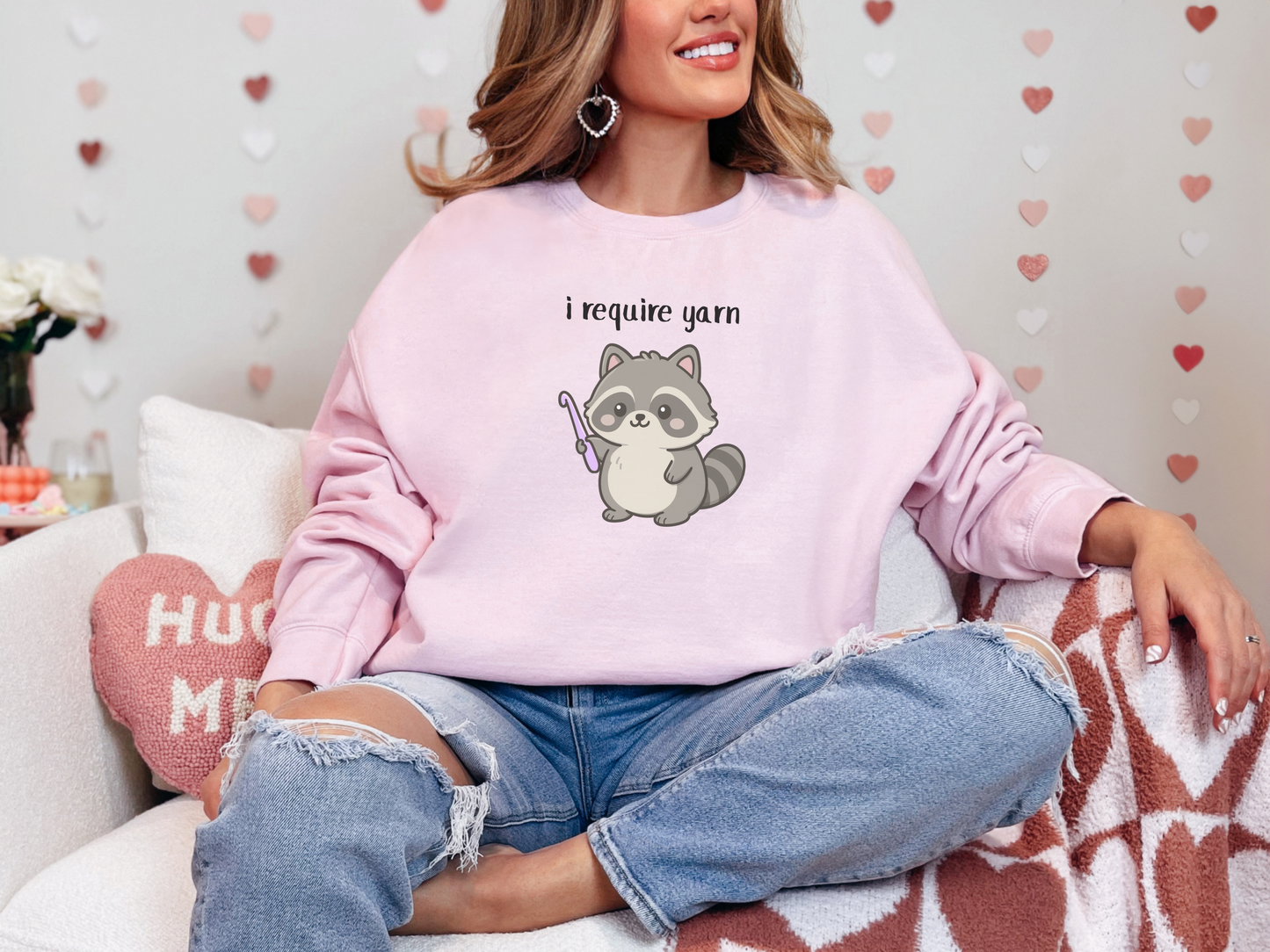 Require Yarn Sweatshirt | Cute Raccoon with Crochet Hook Funny Long Sleeve Crewneck Shirt
