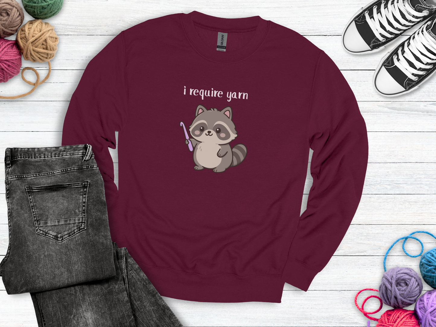 Require Yarn Sweatshirt | Cute Raccoon with Crochet Hook Funny Long Sleeve Crewneck Shirt