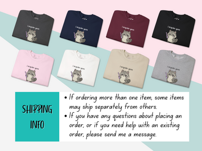 Require Yarn Sweatshirt | Cute Raccoon with Crochet Hook Funny Long Sleeve Crewneck Shirt