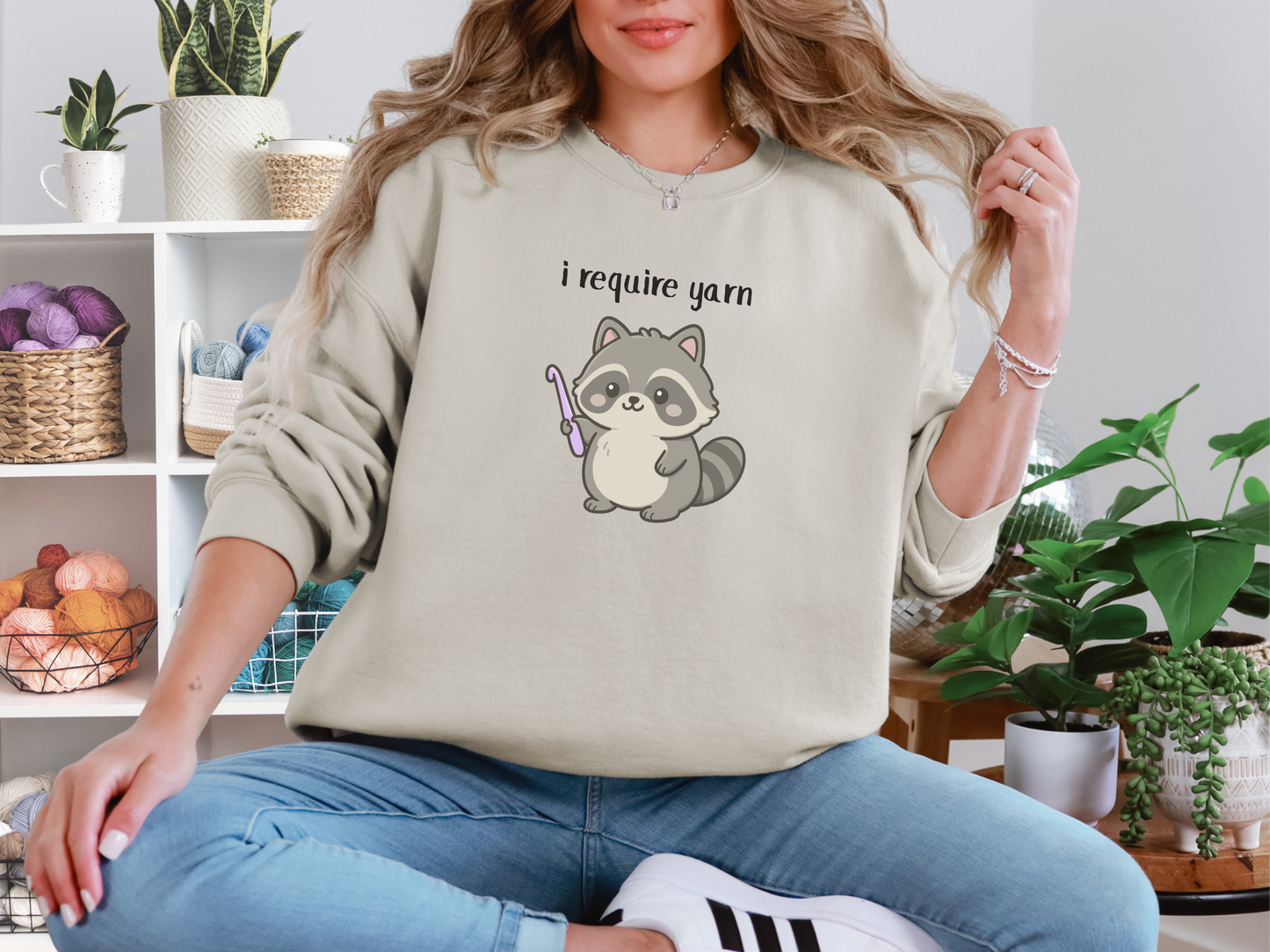 Require Yarn Sweatshirt | Cute Raccoon with Crochet Hook Funny Long Sleeve Crewneck Shirt