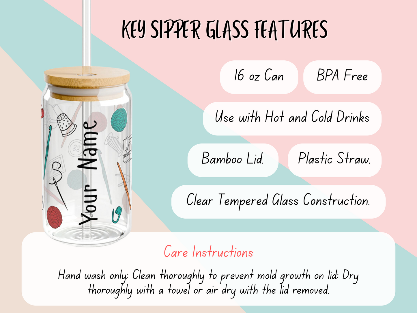 16 oz Glass Cup with Straw and Lid - Crochet Crafting Tools