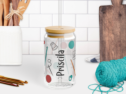 16 oz Glass Cup with Straw and Lid - Crochet Crafting Tools