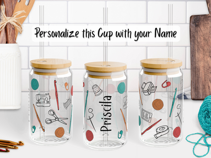 16 oz Glass Cup with Straw and Lid - Crochet Crafting Tools