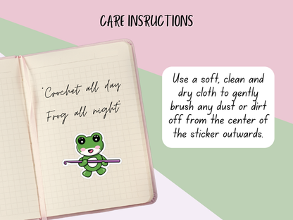 Kiss-Cut Stickers - Cute Green Frog Holding a Crochet Hook