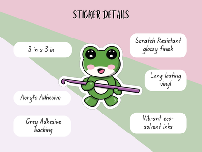Kiss-Cut Stickers - Cute Green Frog Holding a Crochet Hook