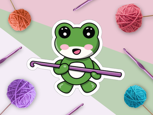 Kiss-Cut Stickers - Cute Green Frog Holding a Crochet Hook