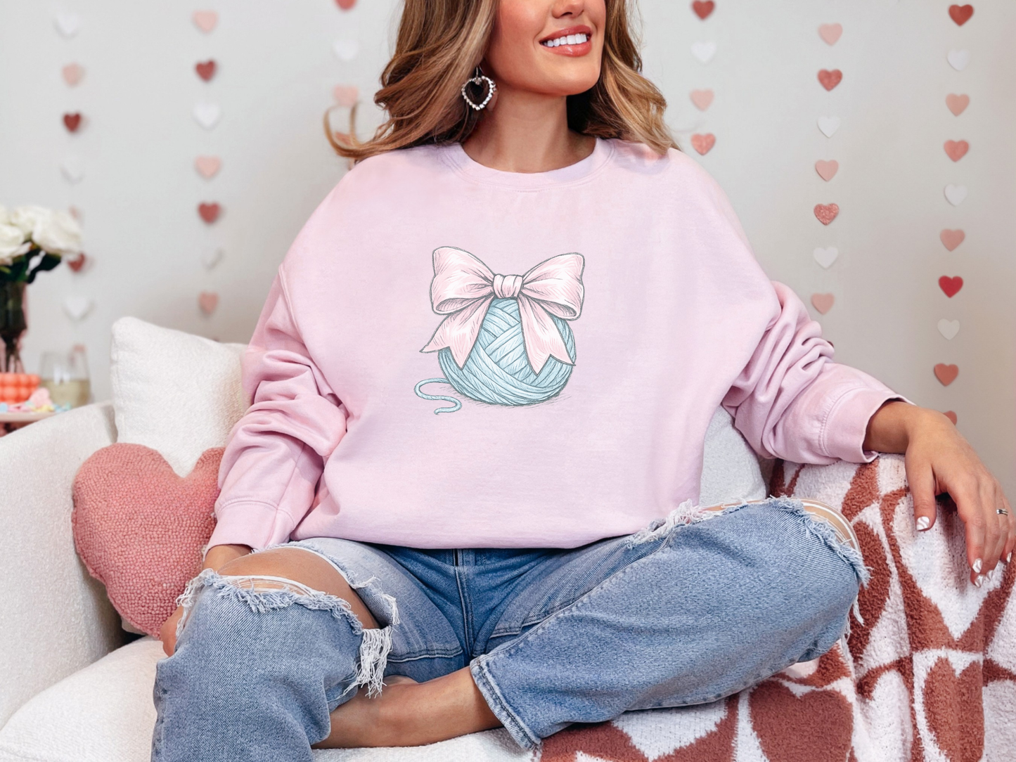 Personalized Pink Bow on Yarn Sweatshirt | Coquette  Graphic Sweater | Custom Sleeve Text