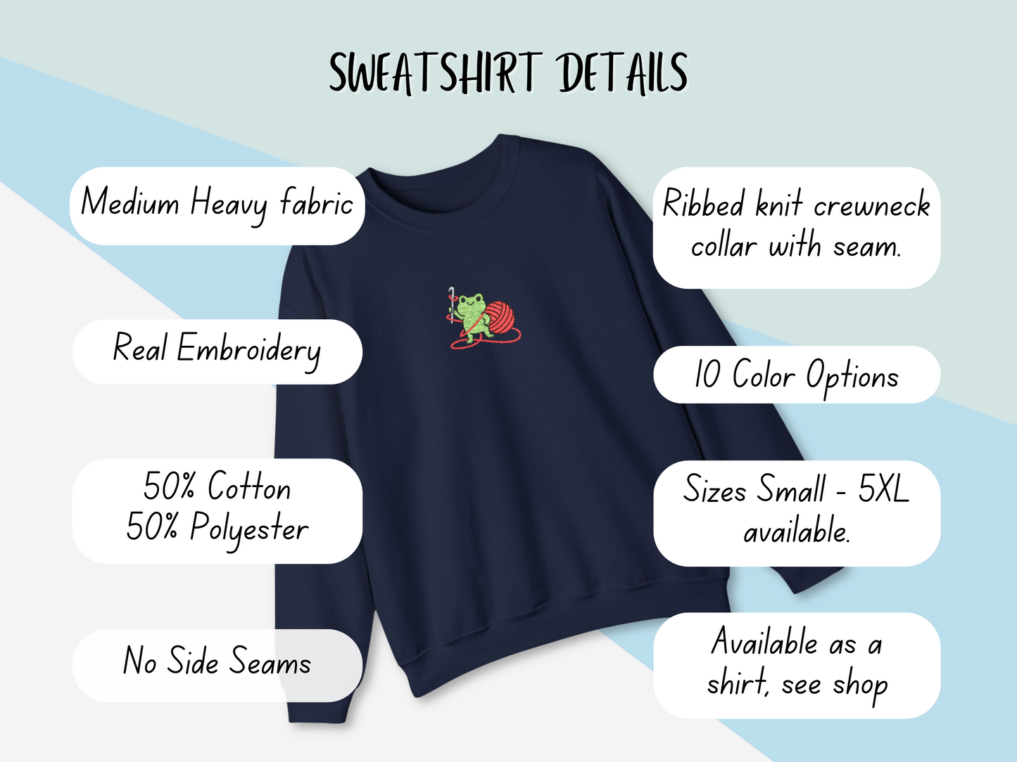 Embroidered Frog Graphic Sweatshirt with Crochet Hook and Yarn