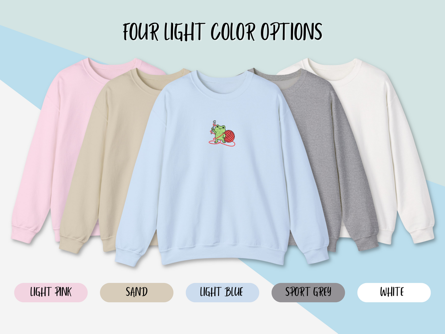 Embroidered Frog Graphic Sweatshirt with Crochet Hook and Yarn