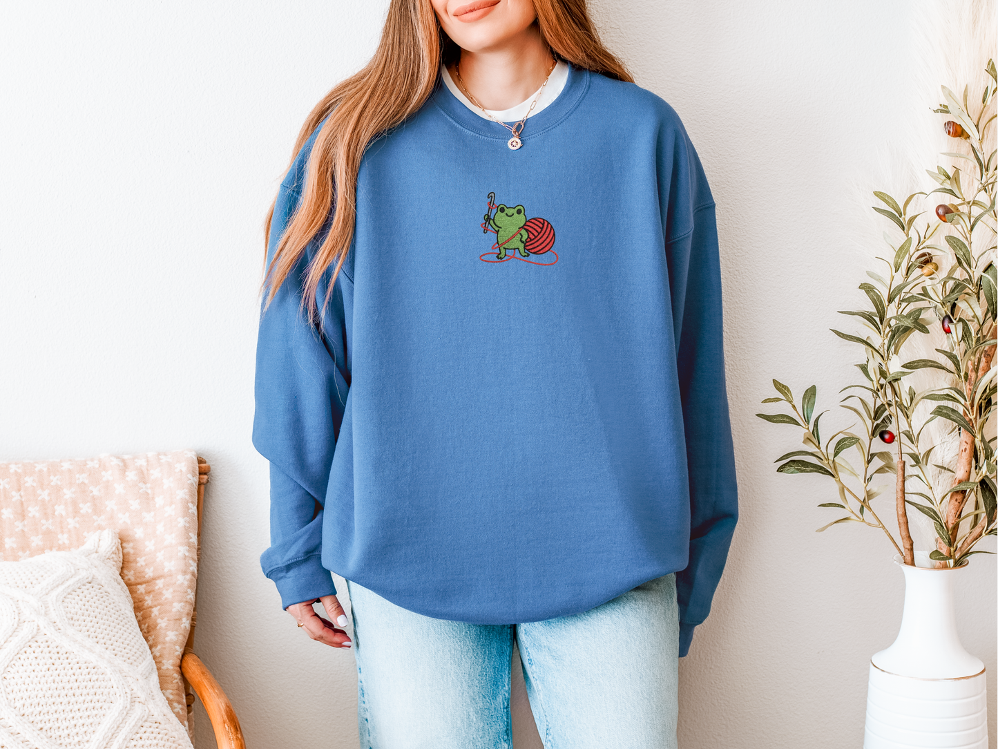 Embroidered Frog Graphic Sweatshirt with Crochet Hook and Yarn