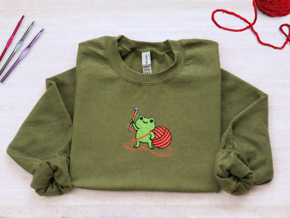 Embroidered Frog Graphic Sweatshirt with Crochet Hook and Yarn
