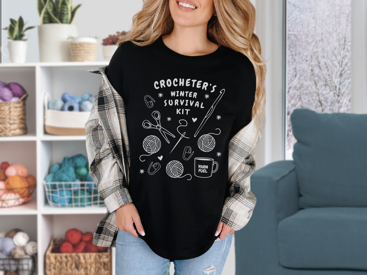 Funny Crochet Tee Shirt: "Crocheter's Winter Survival Kit"