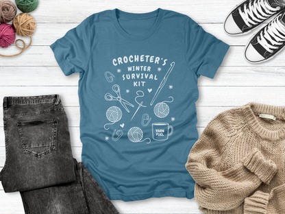 Funny Crochet Tee Shirt: "Crocheter's Winter Survival Kit"