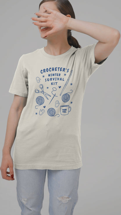Funny Crochet Tee Shirt: "Crocheter's Winter Survival Kit"