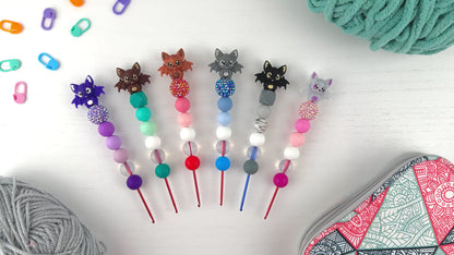 Custom Crochet Hook | Silicone Beaded Handle with Kawaii Bat Charm Topper