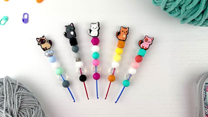 Custom Crochet Hook | Silicone Beaded Handle with Kawaii Cat Charm Topper