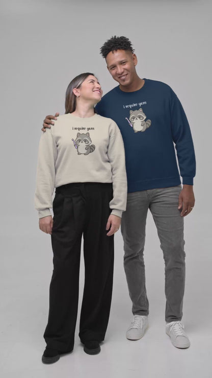 Require Yarn Sweatshirt | Cute Raccoon with Crochet Hook Funny Long Sleeve Crewneck Shirt