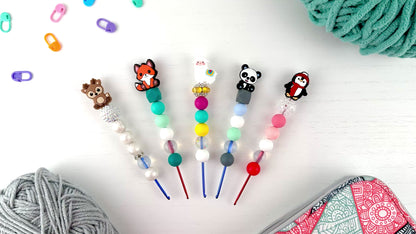 Custom Crochet Hook | Silicone Beaded Handle with Kawaii Animal Charm Topper