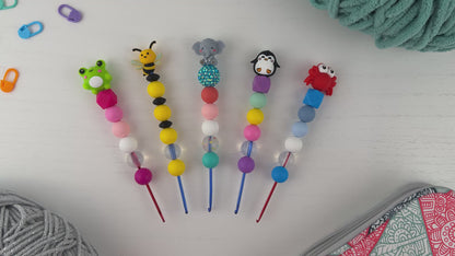 Custom Crochet Hook | Silicone Beaded Handle with Kawaii Animal 3D Charm Topper