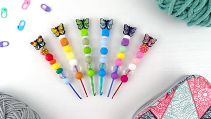 Custom Crochet Hook | Silicone Beaded Handle with Butterfly Charm Topper